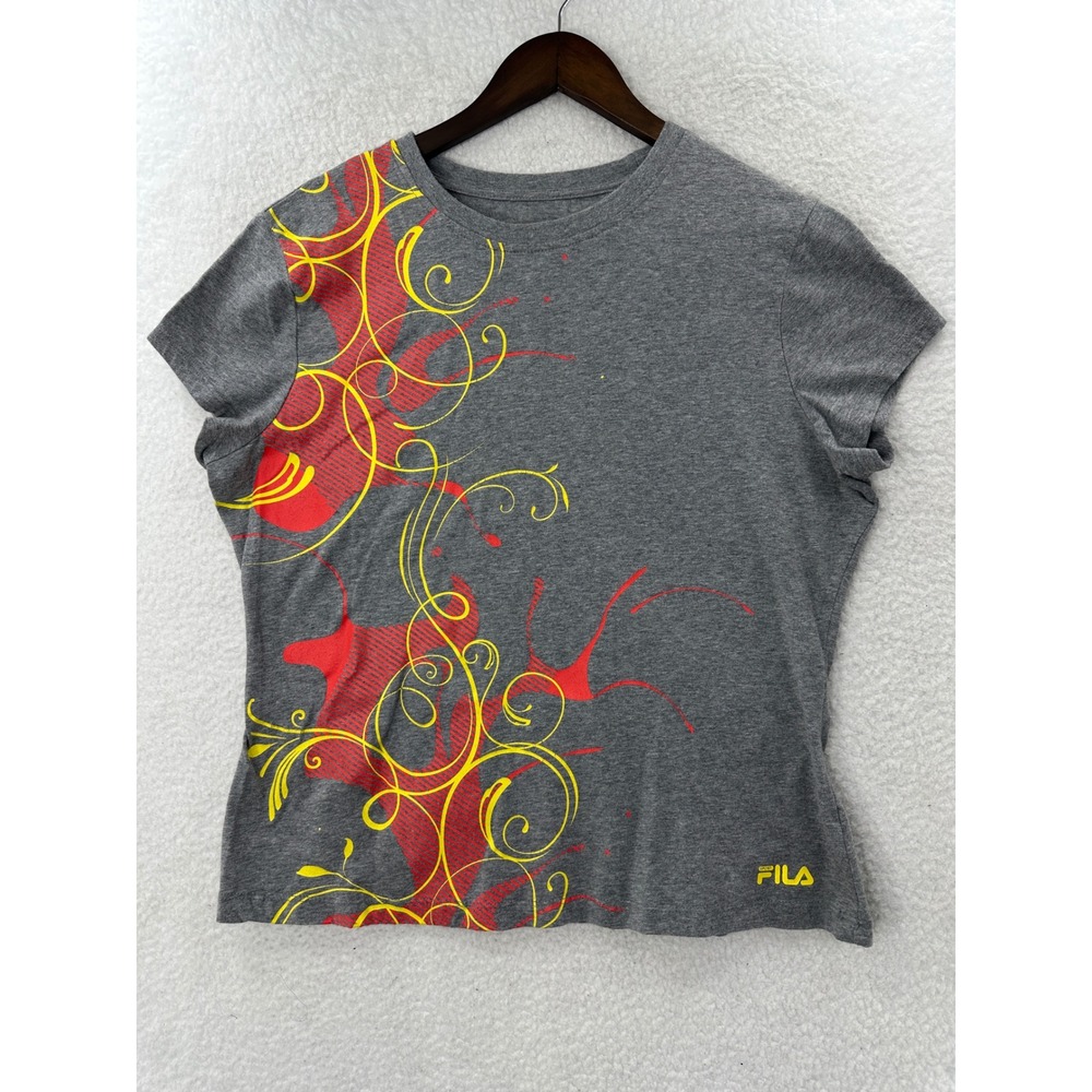 FILA Sport Women XL Gray Red Yellow Swirl Graphic Short Sleeve T Shirt Tee